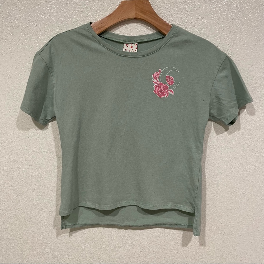 Kids Belle Du Jour Girls Sage Green Pink Graphic Short Sleeve T-Shirt L 12